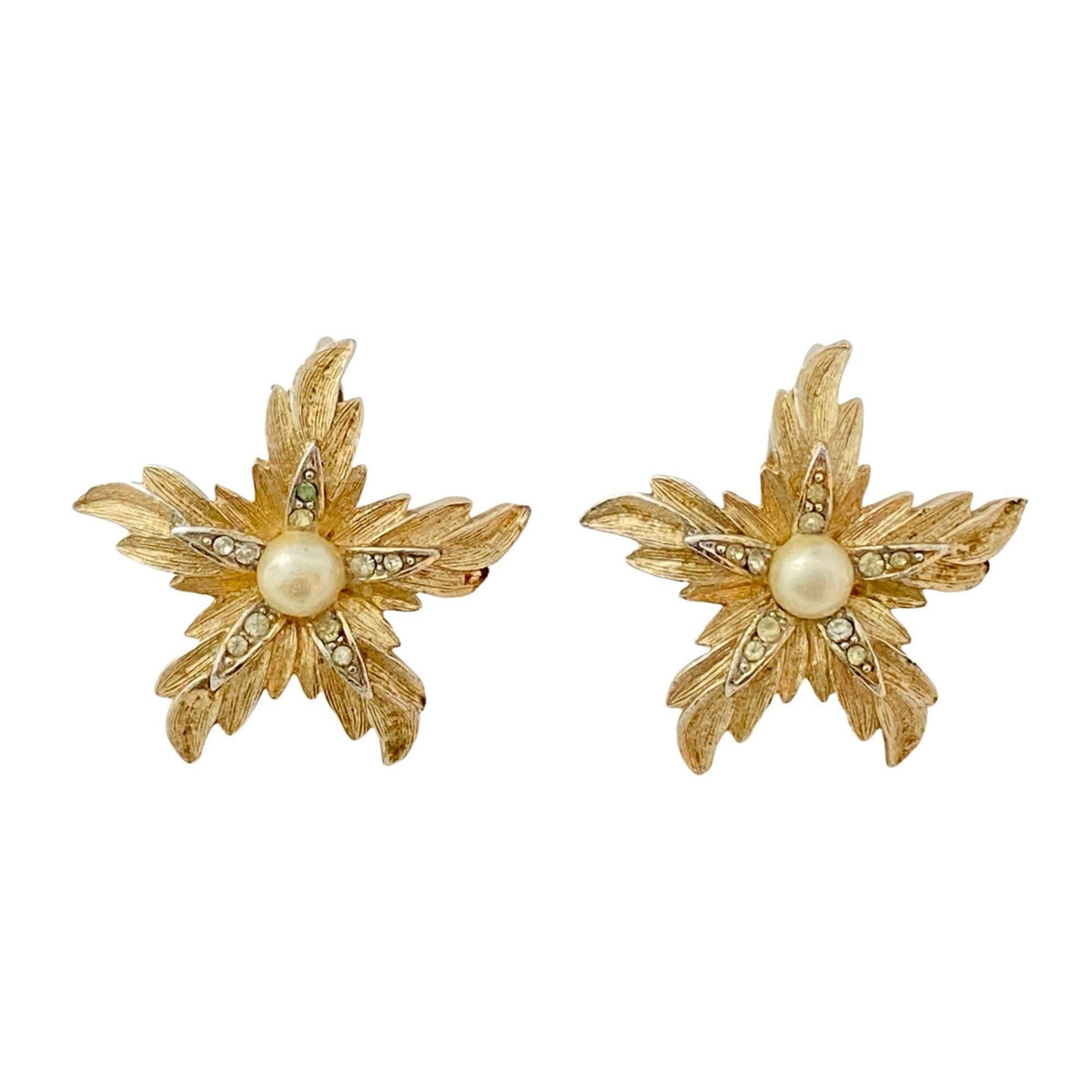 Vintage Mid Century Modern Gold, Pearl, and Diamante Flower Earrings