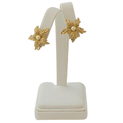 Vintage Mid Century Modern Gold, Pearl, and Diamante Flower Earrings by Unsigned Beauty - Vintage Meet Modern Vintage Jewelry - Chicago, Illinois - #oldhollywoodglamour #vintagemeetmodern #designervintage #jewelrybox #antiquejewelry #vintagejewelry