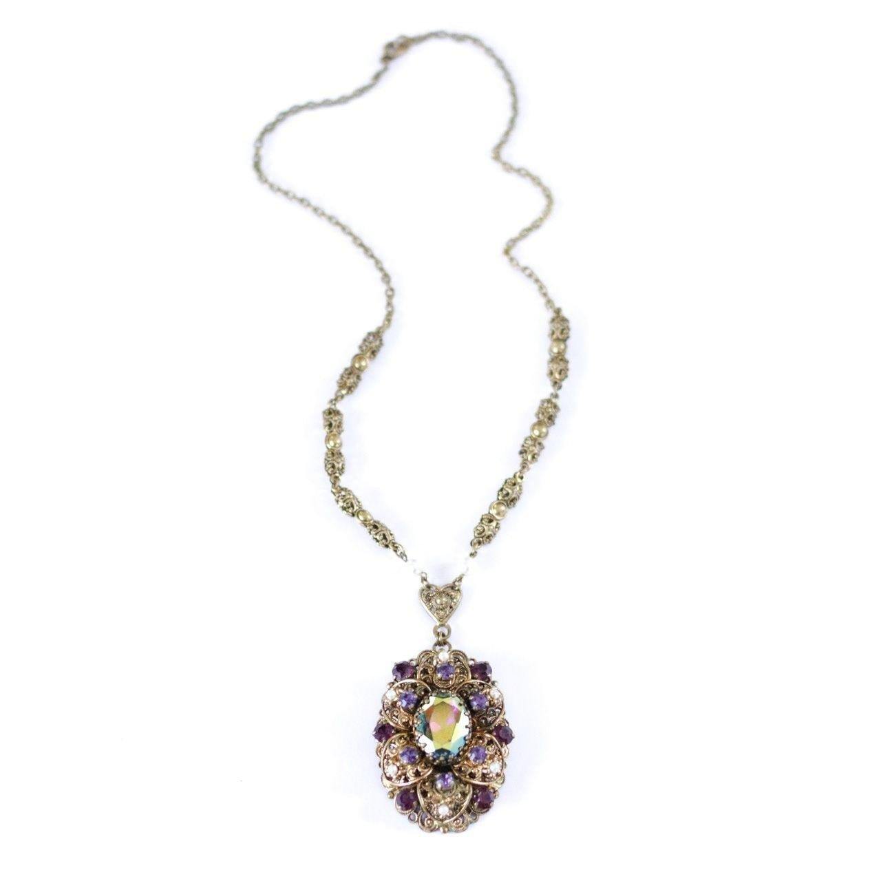 Vintage West Germany Filigree Pendant Necklace with Purple Amethyst Rhinestones and Dark Aurora Borealis Rhinestones by West Germany - Vintage Meet Modern Vintage Jewelry - Chicago, Illinois - #oldhollywoodglamour #vintagemeetmodern #designervintage #jewelrybox #antiquejewelry #vintagejewelry
