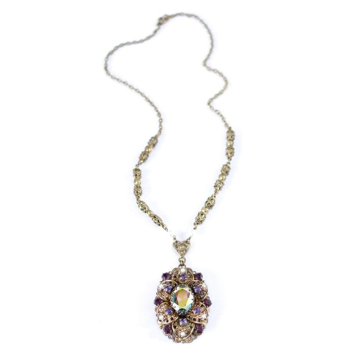 Vintage West Germany Filigree Pendant Necklace with Purple Amethyst Rhinestones and Dark Aurora Borealis Rhinestones