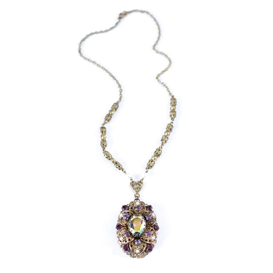 Vintage West Germany Filigree Pendant Necklace with Purple Amethyst Rhinestones and Dark Aurora Borealis Rhinestones by West Germany - Vintage Meet Modern Vintage Jewelry - Chicago, Illinois - #oldhollywoodglamour #vintagemeetmodern #designervintage #jewelrybox #antiquejewelry #vintagejewelry