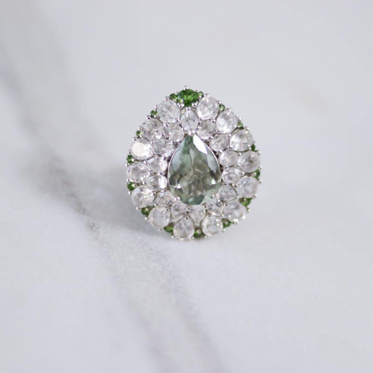 Vintage Aquamarine, White Topaz, Green Tourmaline Cocktail Statement Ring by Unsigned Beauty - Vintage Meet Modern Vintage Jewelry - Chicago, Illinois - #oldhollywoodglamour #vintagemeetmodern #designervintage #jewelrybox #antiquejewelry #vintagejewelry