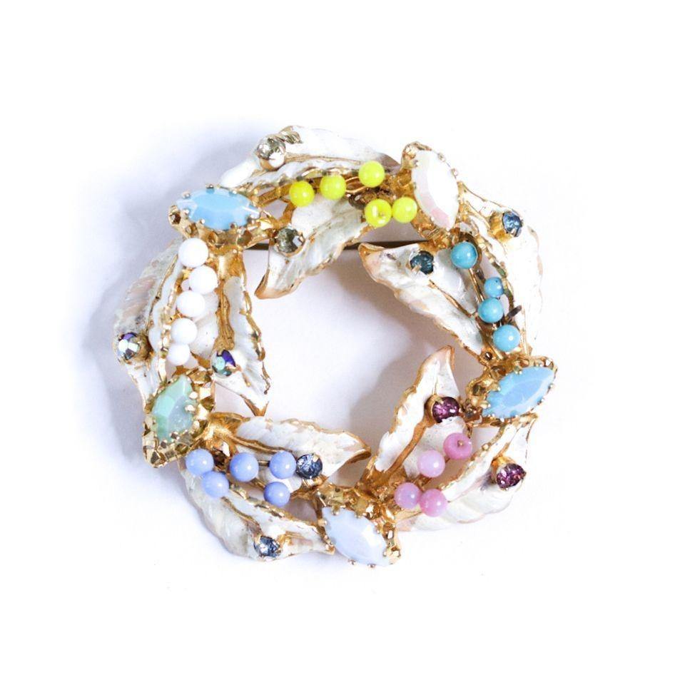 Vintage White Enamel Leaf Brooch with Colorful Pastel Rhinestones
