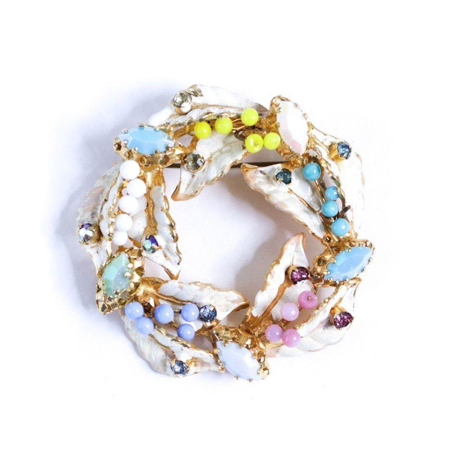Vintage White Enamel Leaf Brooch with Colorful Pastel Rhinestones by Unsigned Beauty - Vintage Meet Modern Vintage Jewelry - Chicago, Illinois - #oldhollywoodglamour #vintagemeetmodern #designervintage #jewelrybox #antiquejewelry #vintagejewelry