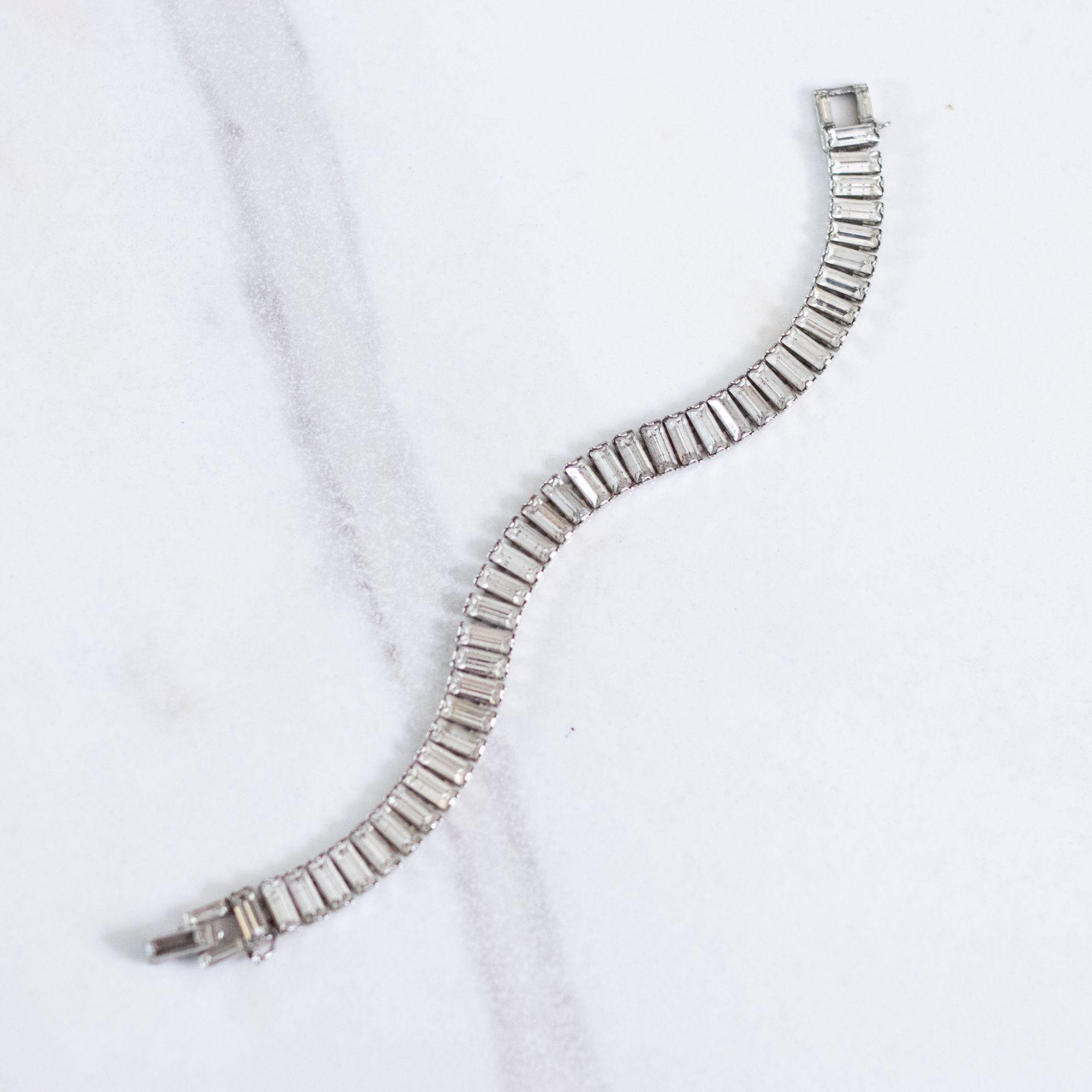 Vintage Art Deco Emerald Cut Crystal Rhinestone Line Bracelet by Unsigned Beauty - Vintage Meet Modern Vintage Jewelry - Chicago, Illinois - #oldhollywoodglamour #vintagemeetmodern #designervintage #jewelrybox #antiquejewelry #vintagejewelry