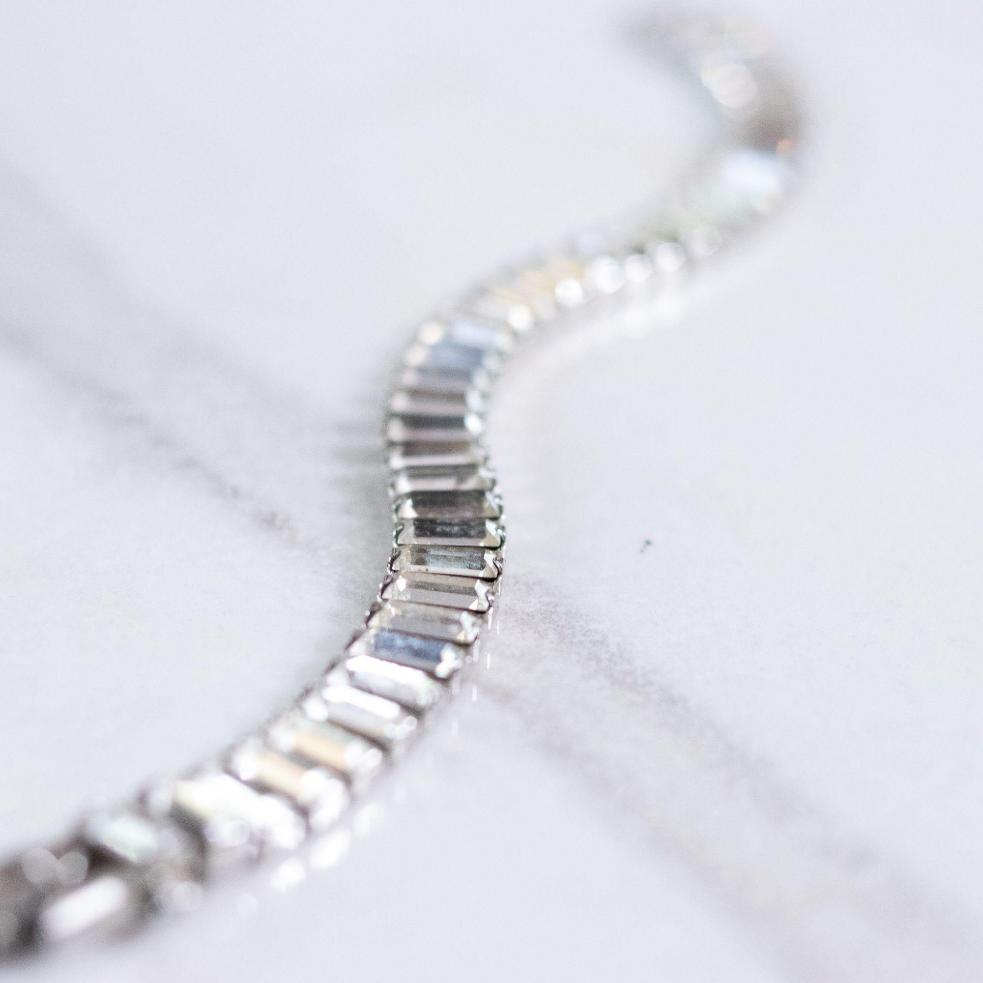 Vintage Art Deco Emerald Cut Crystal Rhinestone Line Bracelet by Unsigned Beauty - Vintage Meet Modern Vintage Jewelry - Chicago, Illinois - #oldhollywoodglamour #vintagemeetmodern #designervintage #jewelrybox #antiquejewelry #vintagejewelry