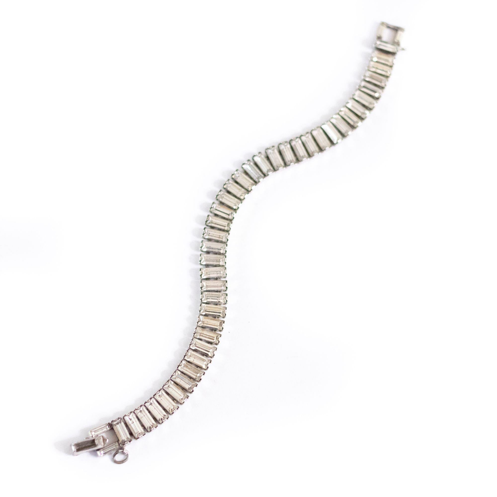 Vintage Art Deco Emerald Cut Crystal Rhinestone Line Bracelet by Unsigned Beauty - Vintage Meet Modern Vintage Jewelry - Chicago, Illinois - #oldhollywoodglamour #vintagemeetmodern #designervintage #jewelrybox #antiquejewelry #vintagejewelry