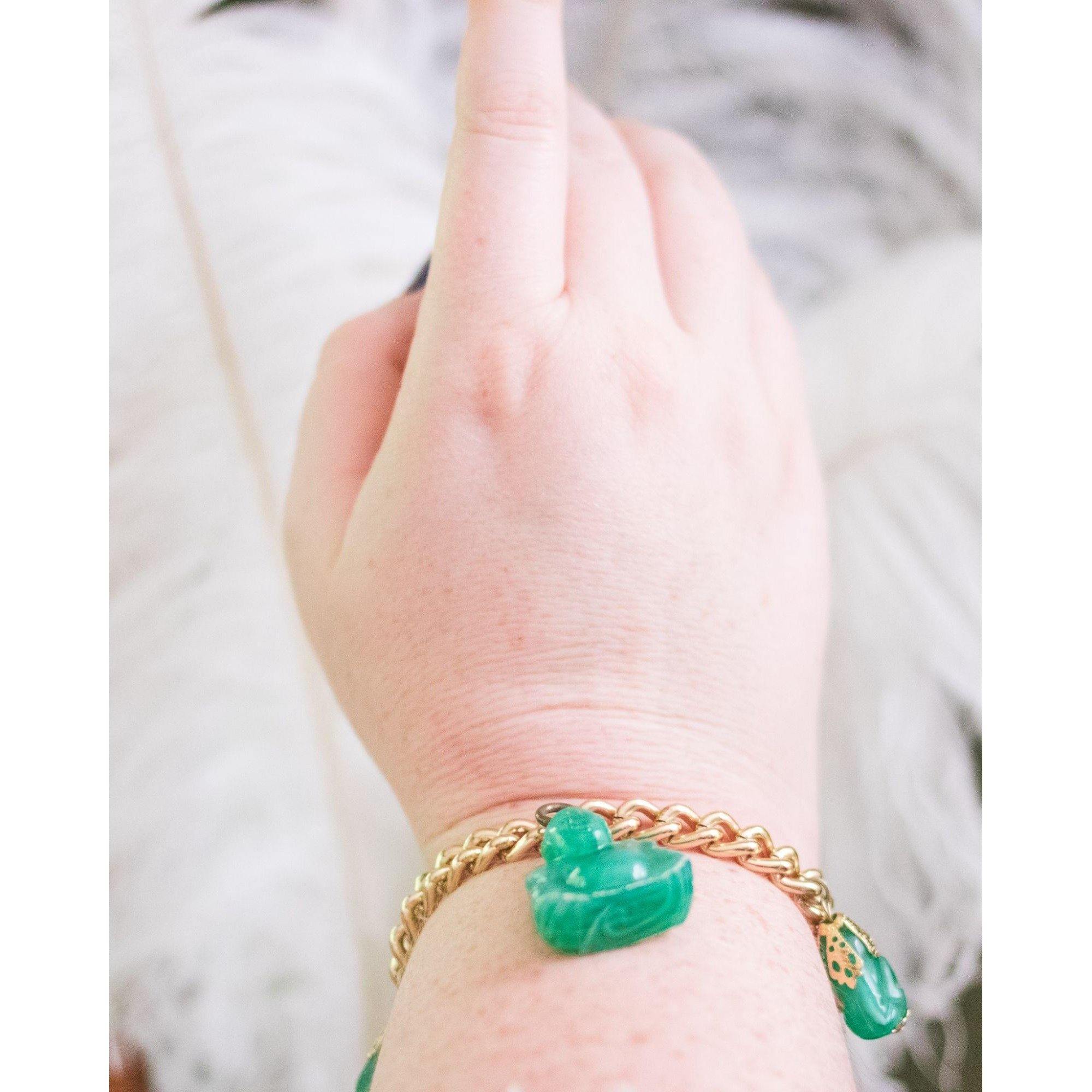 Vintage Chunky Buddha Lucite Charm Bracelet by Unsigned Beauty - Vintage Meet Modern Vintage Jewelry - Chicago, Illinois - #oldhollywoodglamour #vintagemeetmodern #designervintage #jewelrybox #antiquejewelry #vintagejewelry