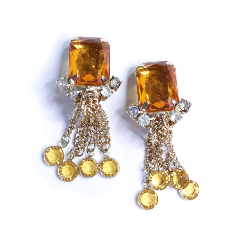 Vintage Amber Rhinestone Earrings with Dangling Bezel Set Rhinestone Tassels
