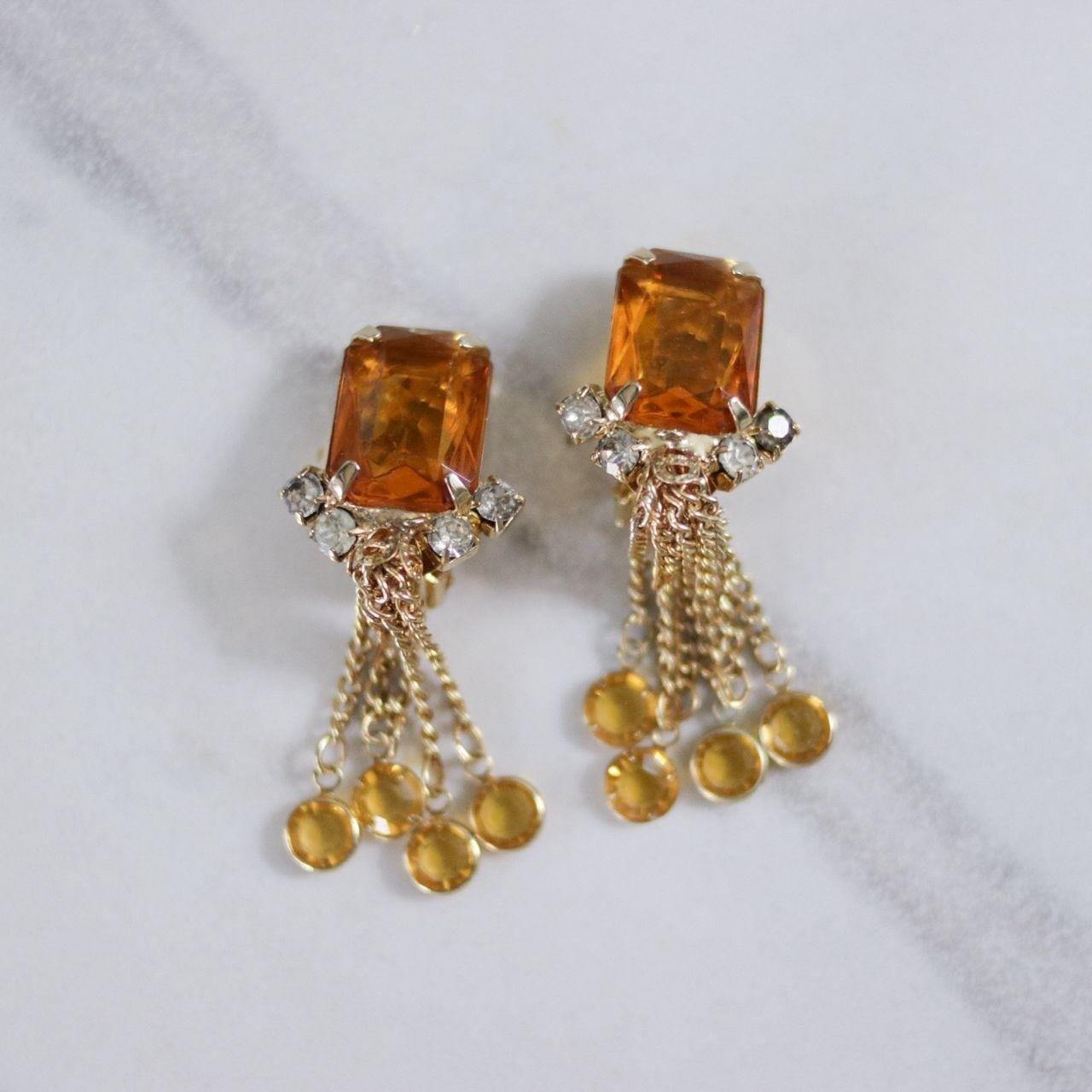 Vintage Amber Rhinestone Earrings with Dangling Bezel Set Rhinestone Tassels by Unsigned Beauty - Vintage Meet Modern Vintage Jewelry - Chicago, Illinois - #oldhollywoodglamour #vintagemeetmodern #designervintage #jewelrybox #antiquejewelry #vintagejewelry
