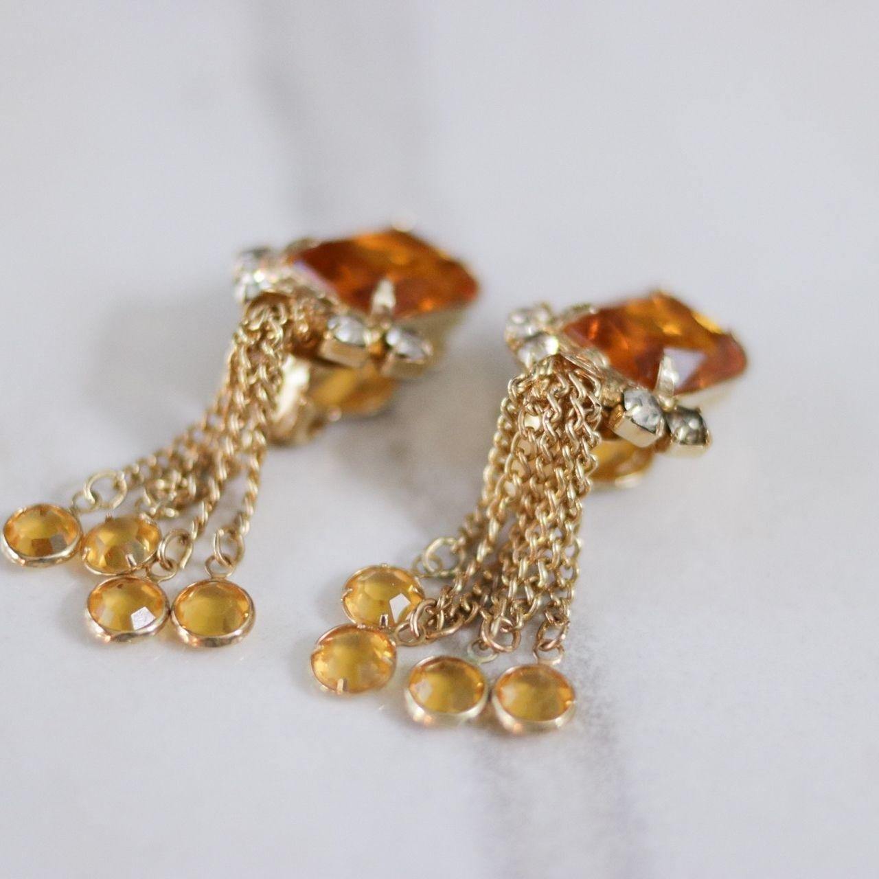 Vintage Amber Rhinestone Earrings with Dangling Bezel Set Rhinestone Tassels by Unsigned Beauty - Vintage Meet Modern Vintage Jewelry - Chicago, Illinois - #oldhollywoodglamour #vintagemeetmodern #designervintage #jewelrybox #antiquejewelry #vintagejewelry