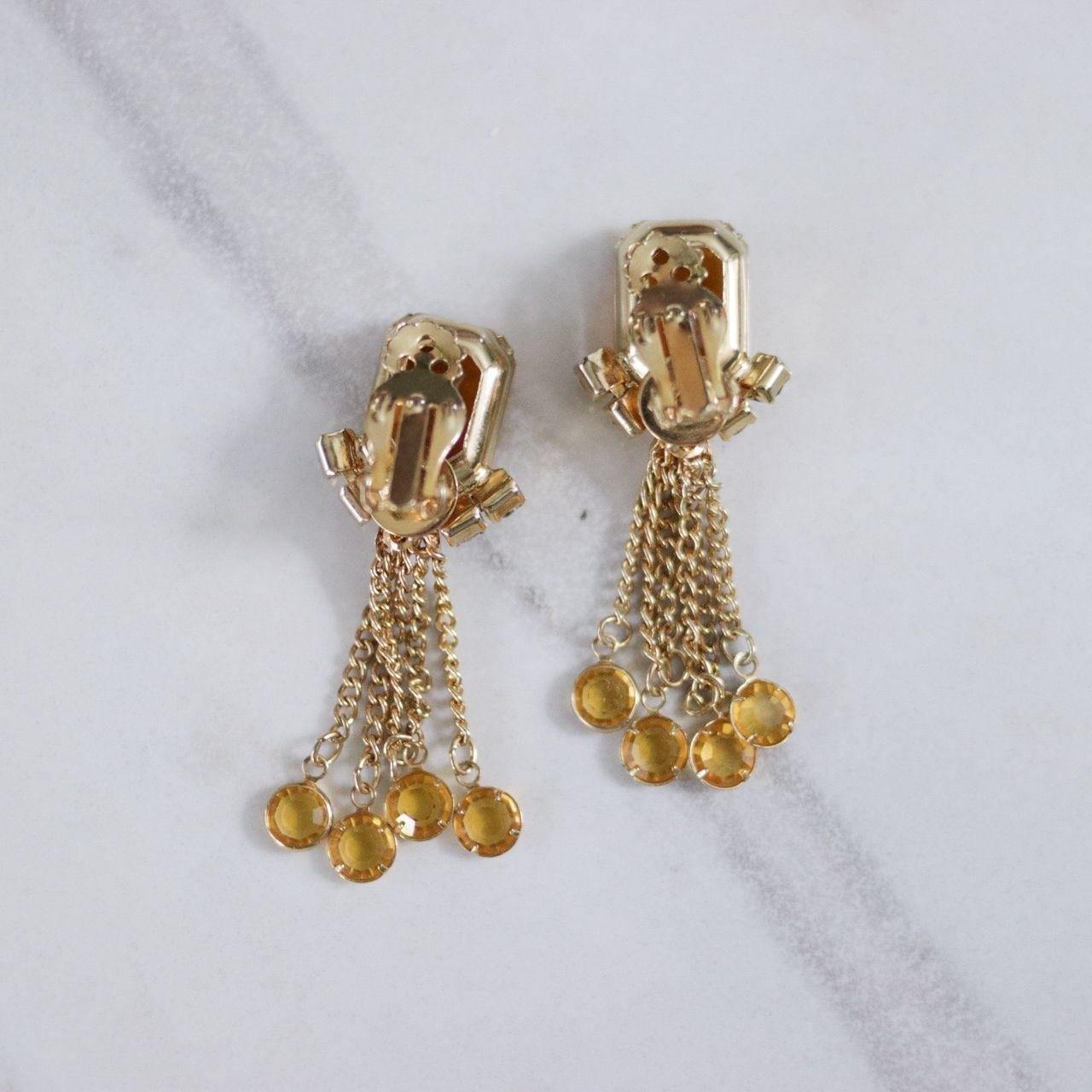 Vintage Amber Rhinestone Earrings with Dangling Bezel Set Rhinestone Tassels by Unsigned Beauty - Vintage Meet Modern Vintage Jewelry - Chicago, Illinois - #oldhollywoodglamour #vintagemeetmodern #designervintage #jewelrybox #antiquejewelry #vintagejewelry