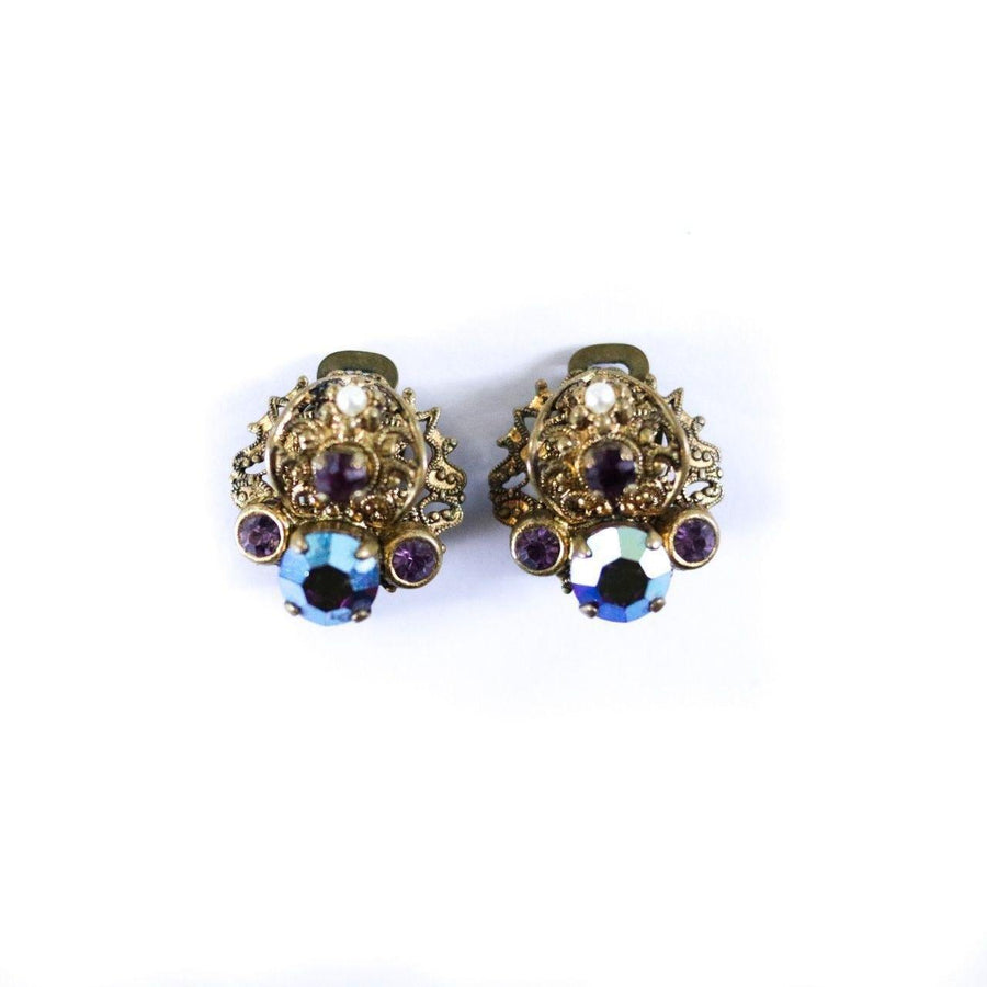 Vintage West Germany Earrings with Dark Aurora Borealis Crystal and Purple Rhinestones by West Germany - Vintage Meet Modern Vintage Jewelry - Chicago, Illinois - #oldhollywoodglamour #vintagemeetmodern #designervintage #jewelrybox #antiquejewelry #vintagejewelry