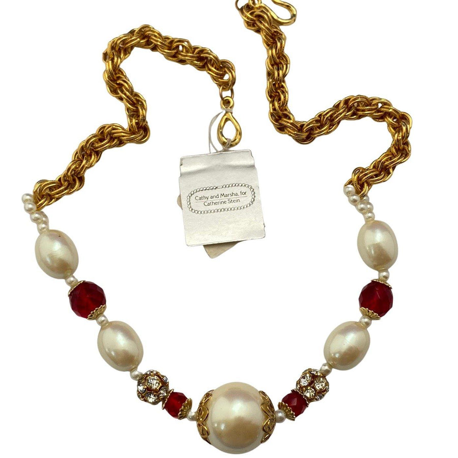 Vintage Catherine Stein Pearl and Ruby Crystal Necklace by Catherine Stein - Vintage Meet Modern Vintage Jewelry - Chicago, Illinois - #oldhollywoodglamour #vintagemeetmodern #designervintage #jewelrybox #antiquejewelry #vintagejewelry