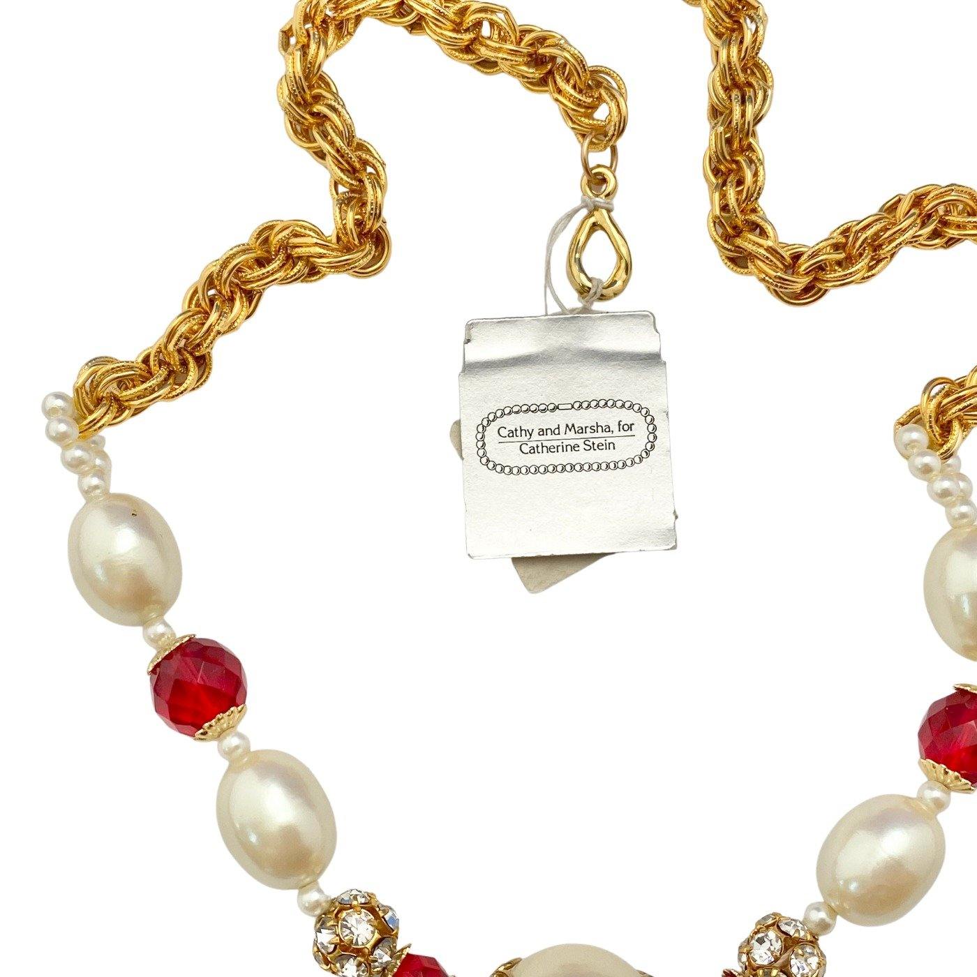 Vintage Catherine Stein Pearl and Ruby Crystal Necklace by Catherine Stein - Vintage Meet Modern Vintage Jewelry - Chicago, Illinois - #oldhollywoodglamour #vintagemeetmodern #designervintage #jewelrybox #antiquejewelry #vintagejewelry