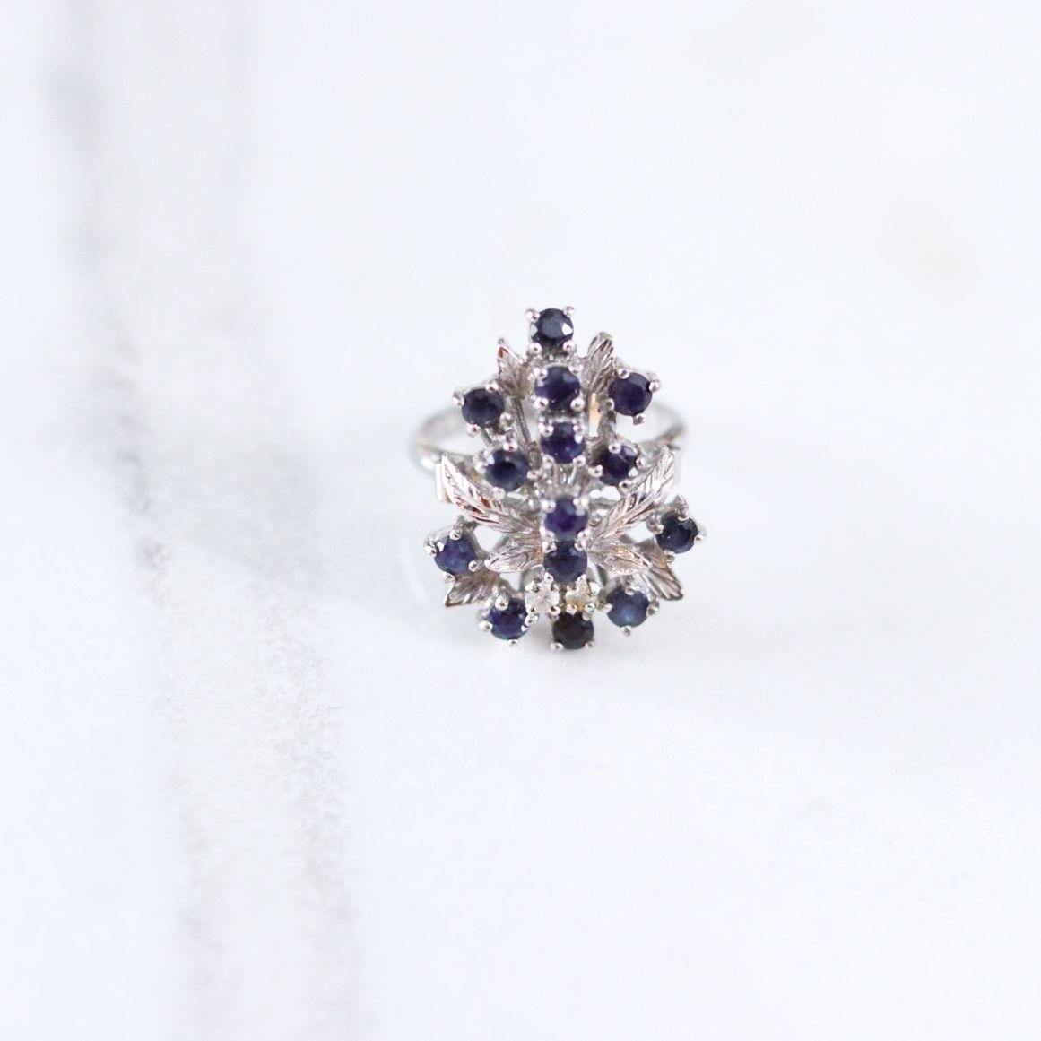Vintage Sapphire Spray Style Sterling Silver Cocktail Ring by 925 - Vintage Meet Modern Vintage Jewelry - Chicago, Illinois - #oldhollywoodglamour #vintagemeetmodern #designervintage #jewelrybox #antiquejewelry #vintagejewelry