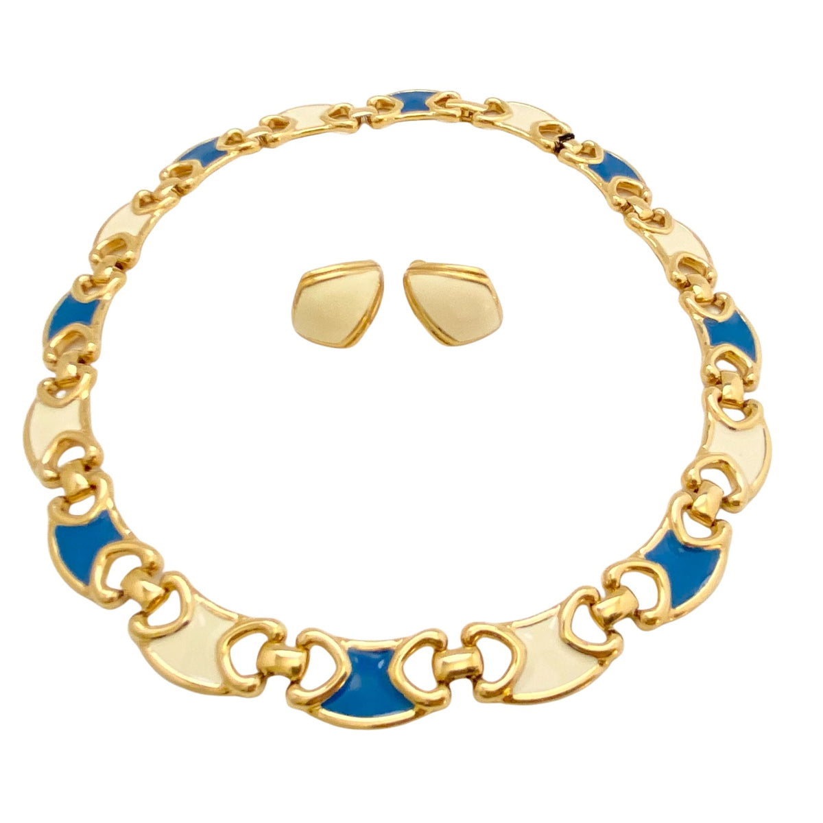 Vintage Monet Gold and Blue Link Necklace & Matching Cream Earrings