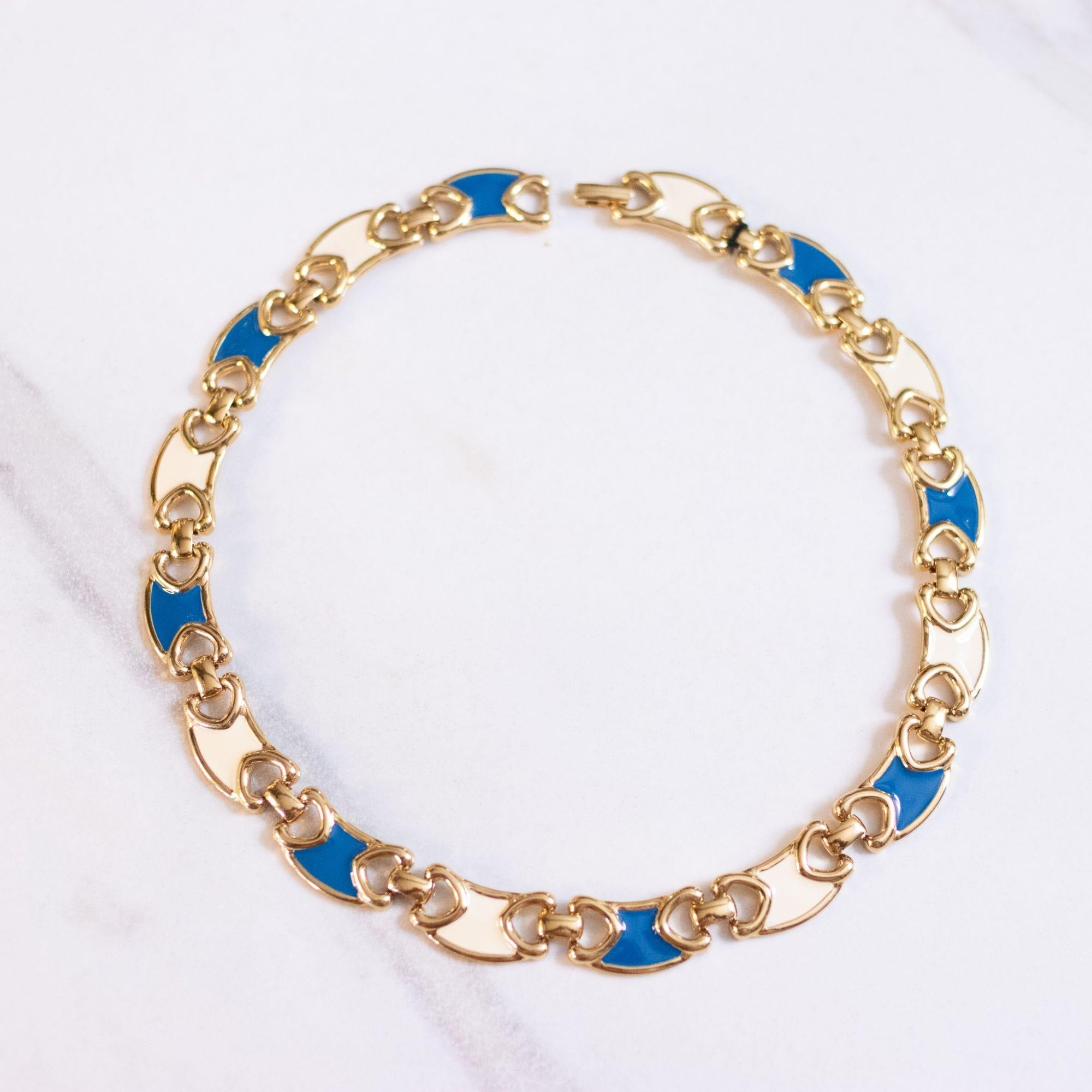 Vintage Monet Gold and Blue Link Necklace & Matching Cream Earrings by Unsigned Beauty - Vintage Meet Modern Vintage Jewelry - Chicago, Illinois - #oldhollywoodglamour #vintagemeetmodern #designervintage #jewelrybox #antiquejewelry #vintagejewelry