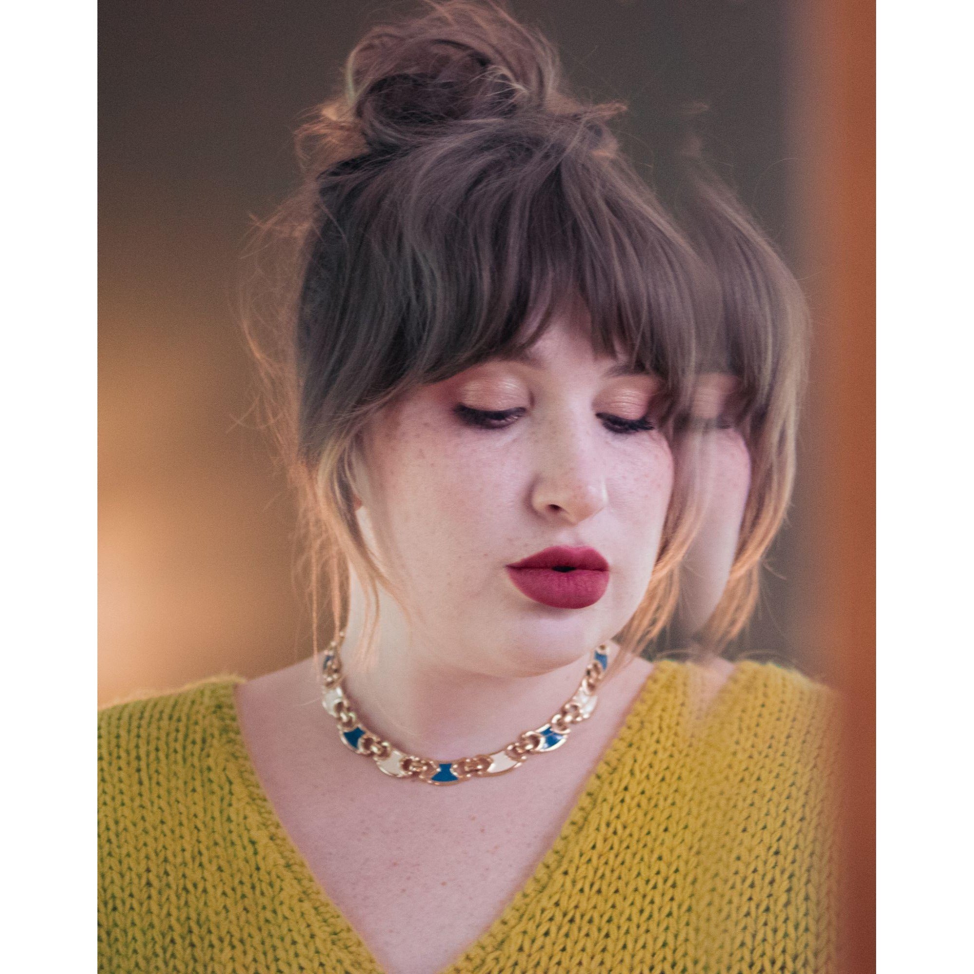 Vintage Monet Gold and Blue Link Necklace & Matching Cream Earrings by Unsigned Beauty - Vintage Meet Modern Vintage Jewelry - Chicago, Illinois - #oldhollywoodglamour #vintagemeetmodern #designervintage #jewelrybox #antiquejewelry #vintagejewelry