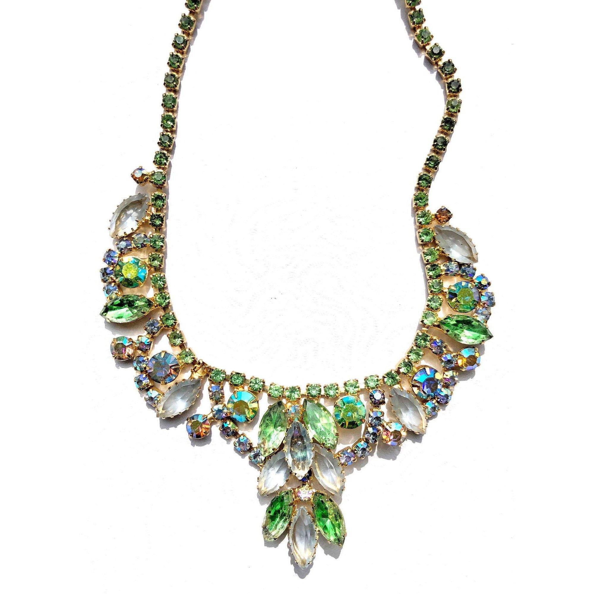 Vintage Juliana Light Blue and Light Green Rhinestone Necklace by Juliana - Vintage Meet Modern Vintage Jewelry - Chicago, Illinois - #oldhollywoodglamour #vintagemeetmodern #designervintage #jewelrybox #antiquejewelry #vintagejewelry