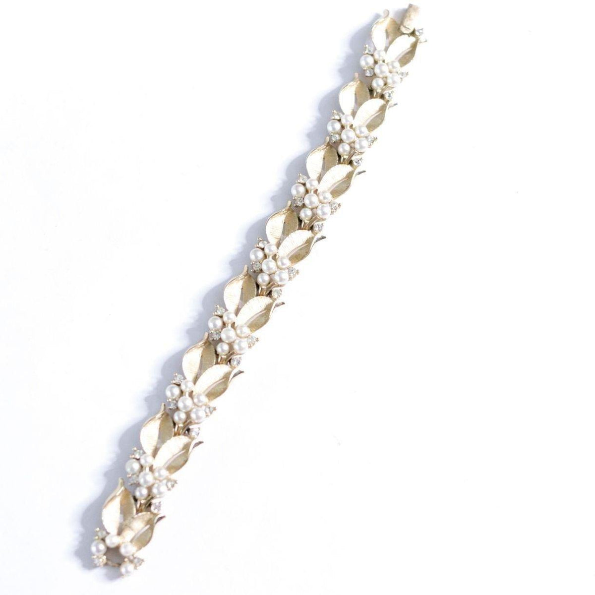 Vintage Crown Trifari Pearl and Diamante Brushed Gold Leaf Bracelet