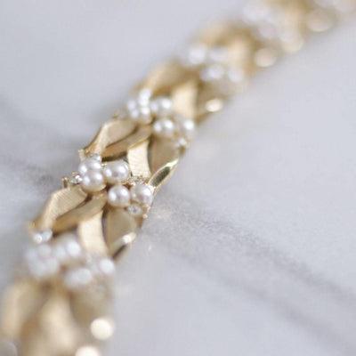 Vintage Crown Trifari Pearl and Diamante Brushed Gold Leaf Bracelet by Crown Trifari - Vintage Meet Modern Vintage Jewelry - Chicago, Illinois - #oldhollywoodglamour #vintagemeetmodern #designervintage #jewelrybox #antiquejewelry #vintagejewelry