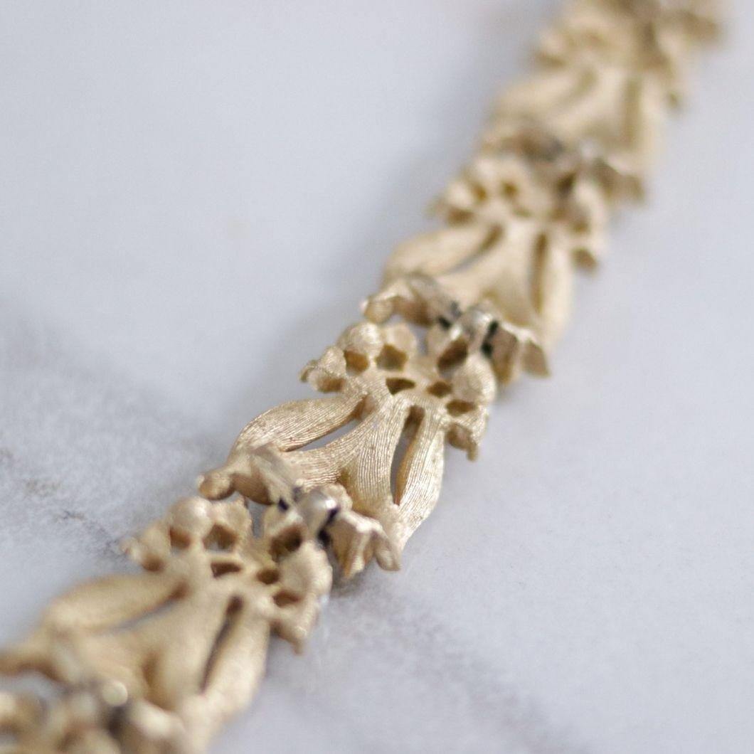 Vintage Crown Trifari Pearl and Diamante Brushed Gold Leaf Bracelet by Crown Trifari - Vintage Meet Modern Vintage Jewelry - Chicago, Illinois - #oldhollywoodglamour #vintagemeetmodern #designervintage #jewelrybox #antiquejewelry #vintagejewelry