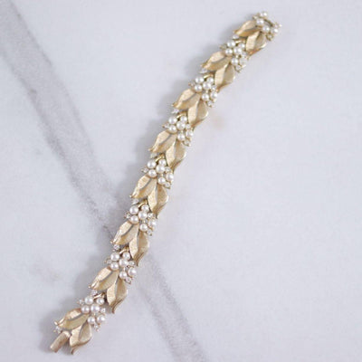 Vintage Crown Trifari Pearl and Diamante Brushed Gold Leaf Bracelet by Crown Trifari - Vintage Meet Modern Vintage Jewelry - Chicago, Illinois - #oldhollywoodglamour #vintagemeetmodern #designervintage #jewelrybox #antiquejewelry #vintagejewelry