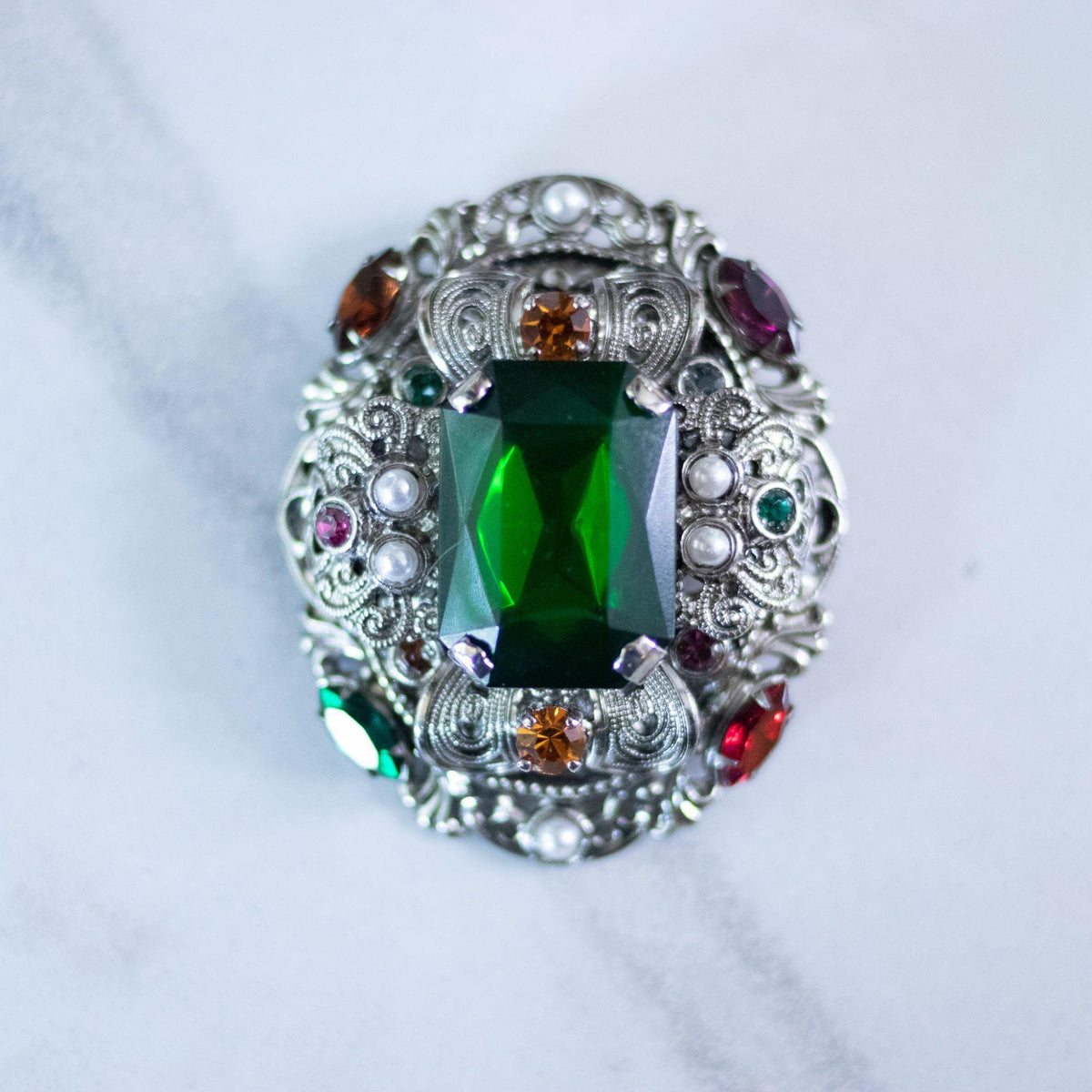 Vintage West Germany Silver Filigree Brooch with Emerald Green Rhinestones, Colorful Crystals, and Faux Pearls