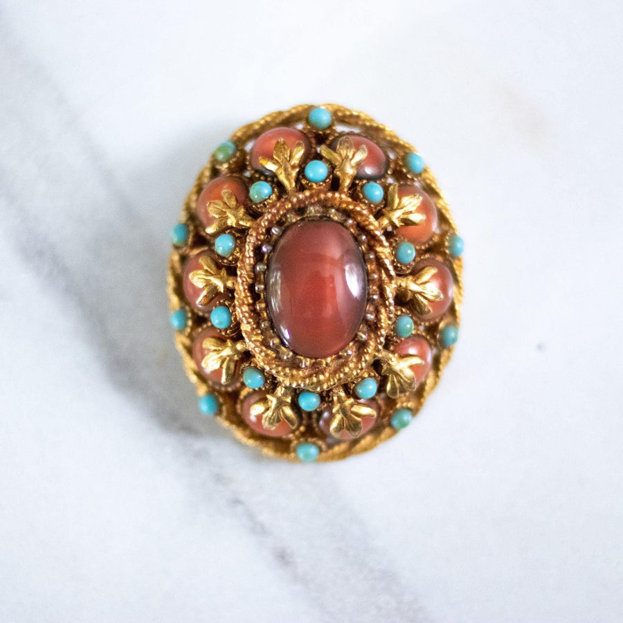 Vintage HAR Oval Medallion Brooch with Carnelian Glass Center Stone and Turquoise Bead Details by HAR - Vintage Meet Modern Vintage Jewelry - Chicago, Illinois - #oldhollywoodglamour #vintagemeetmodern #designervintage #jewelrybox #antiquejewelry #vintagejewelry
