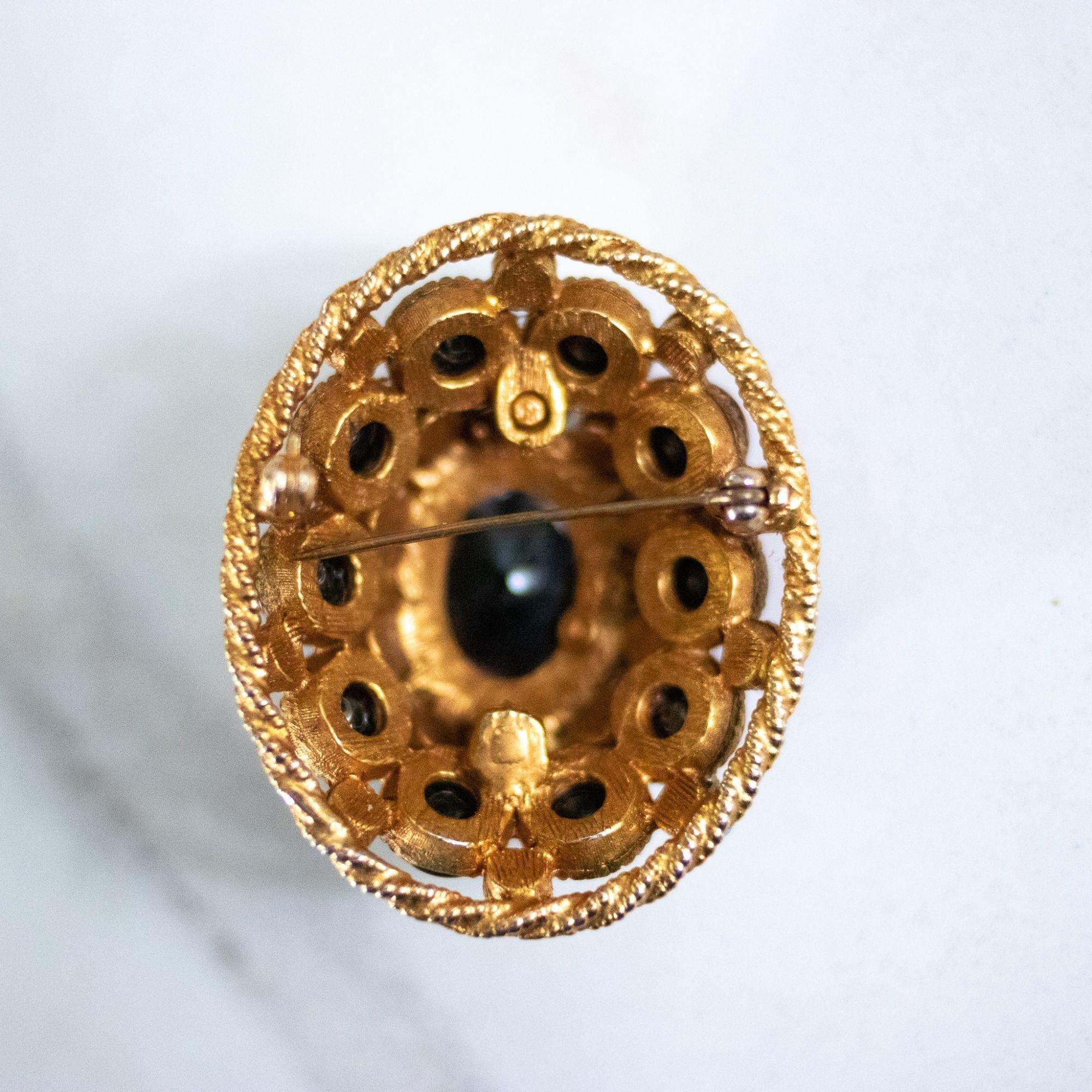 Vintage HAR Oval Medallion Brooch with Carnelian Glass Center Stone and Turquoise Bead Details by HAR - Vintage Meet Modern Vintage Jewelry - Chicago, Illinois - #oldhollywoodglamour #vintagemeetmodern #designervintage #jewelrybox #antiquejewelry #vintagejewelry