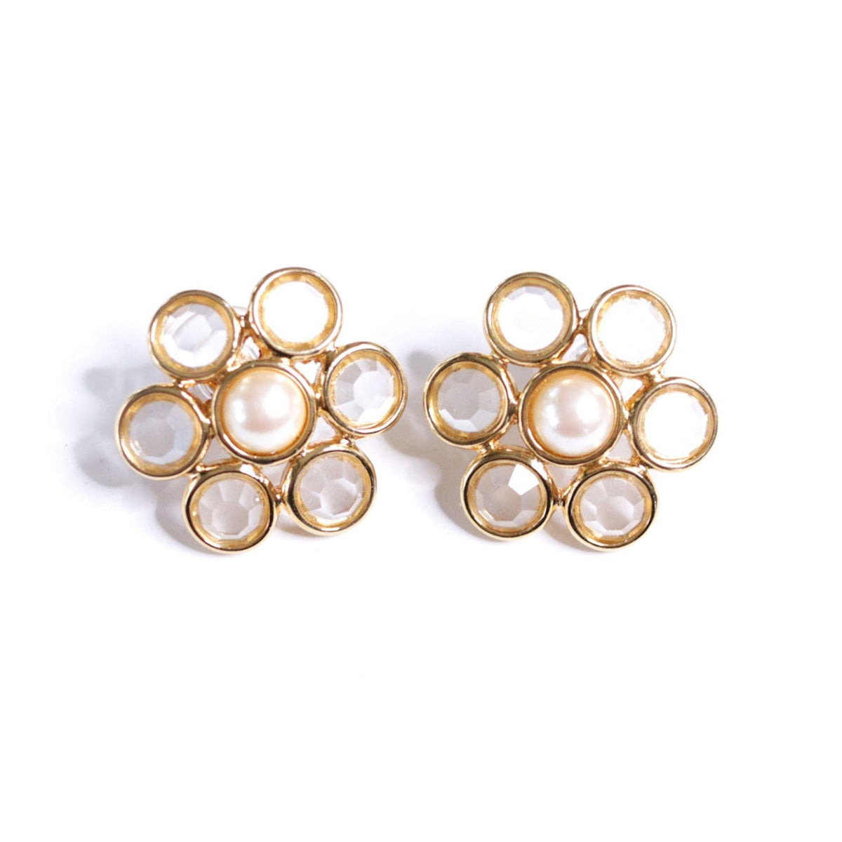 Vintage Monet Bezel Set Crystal and Faux Pearl Earrings