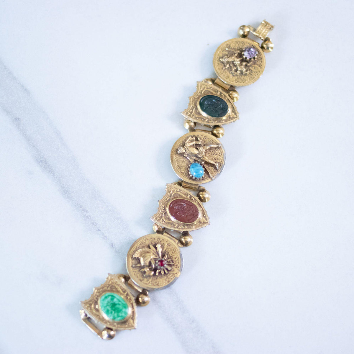 Vintage Victoria Slide Style Medieval Scene Bracelet with Art Glass Rhinestones, Cabochons, and Cameos