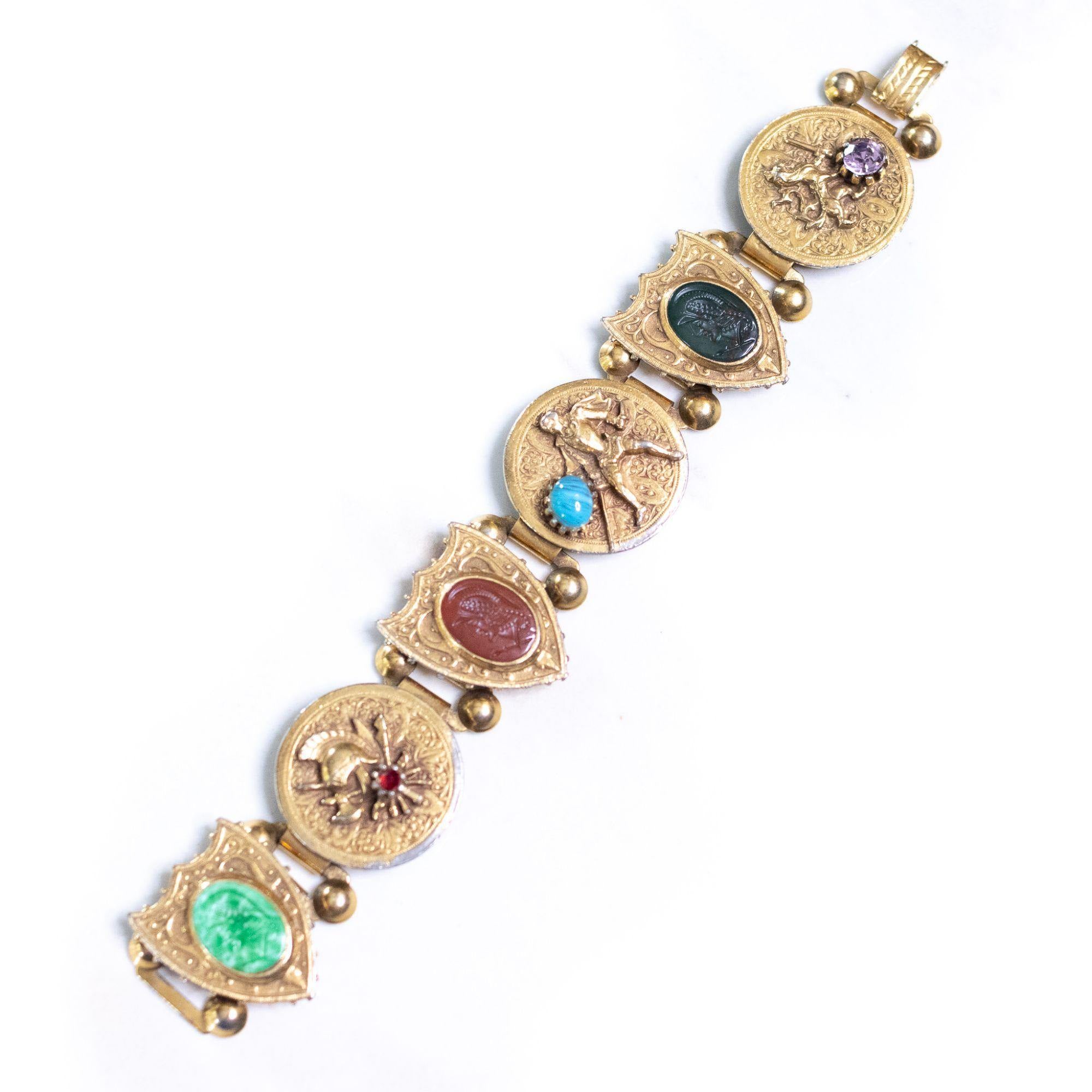 Vintage Victoria Slide Style Medieval Scene Bracelet with Art Glass Rhinestones, Cabochons, and Cameos by Unsigned Beauty - Vintage Meet Modern Vintage Jewelry - Chicago, Illinois - #oldhollywoodglamour #vintagemeetmodern #designervintage #jewelrybox #antiquejewelry #vintagejewelry