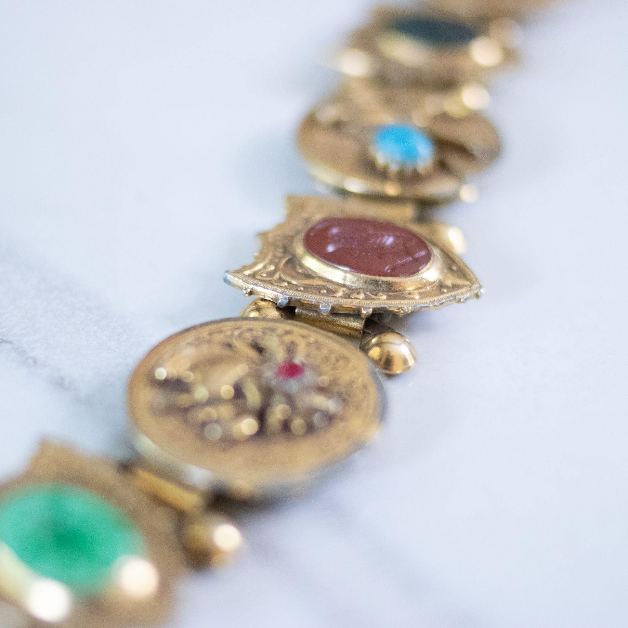 Vintage Victoria Slide Style Medieval Scene Bracelet with Art Glass Rhinestones, Cabochons, and Cameos by Unsigned Beauty - Vintage Meet Modern Vintage Jewelry - Chicago, Illinois - #oldhollywoodglamour #vintagemeetmodern #designervintage #jewelrybox #antiquejewelry #vintagejewelry