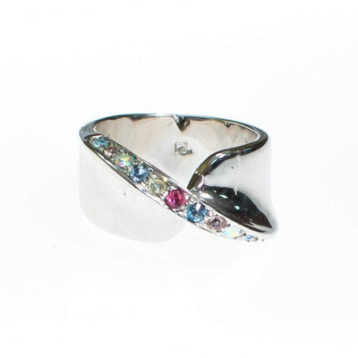 Vintage Silver Wide Band Ring With Pastel Cubic Zirconias by Vintage Meet Modern - Vintage Meet Modern Vintage Jewelry - Chicago, Illinois - #oldhollywoodglamour #vintagemeetmodern #designervintage #jewelrybox #antiquejewelry #vintagejewelry