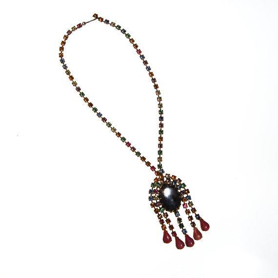 Pastel Rhinestone Tassel Necklace, Frosted Lucite Cabochon, Pink, Yellow, Light Blue, Yellow, Colorful by Vintage Meet Modern - Vintage Meet Modern Vintage Jewelry - Chicago, Illinois - #oldhollywoodglamour #vintagemeetmodern #designervintage #jewelrybox #antiquejewelry #vintagejewelry
