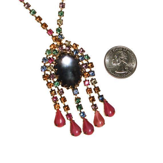 Pastel Rhinestone Tassel Necklace, Frosted Lucite Cabochon, Pink, Yellow, Light Blue, Yellow, Colorful by Vintage Meet Modern - Vintage Meet Modern Vintage Jewelry - Chicago, Illinois - #oldhollywoodglamour #vintagemeetmodern #designervintage #jewelrybox #antiquejewelry #vintagejewelry