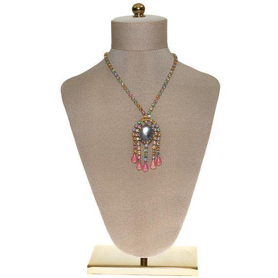 Pastel Rhinestone Tassel Necklace, Frosted Lucite Cabochon, Pink, Yellow, Light Blue, Yellow, Colorful by Vintage Meet Modern - Vintage Meet Modern Vintage Jewelry - Chicago, Illinois - #oldhollywoodglamour #vintagemeetmodern #designervintage #jewelrybox #antiquejewelry #vintagejewelry