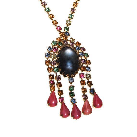 Pastel Rhinestone Tassel Necklace, Frosted Lucite Cabochon, Pink, Yellow, Light Blue, Yellow, Colorful