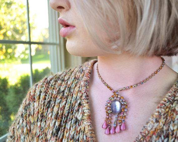 Pastel Rhinestone Tassel Necklace, Frosted Lucite Cabochon, Pink, Yellow, Light Blue, Yellow, Colorful by Vintage Meet Modern - Vintage Meet Modern Vintage Jewelry - Chicago, Illinois - #oldhollywoodglamour #vintagemeetmodern #designervintage #jewelrybox #antiquejewelry #vintagejewelry