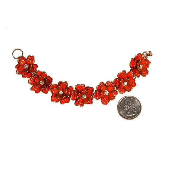 Vintage Orange Blossom Bracelet with Rhinestone Centers by 1950s - Vintage Meet Modern Vintage Jewelry - Chicago, Illinois - #oldhollywoodglamour #vintagemeetmodern #designervintage #jewelrybox #antiquejewelry #vintagejewelry