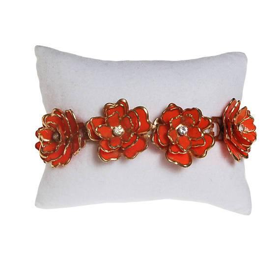 Vintage Orange Blossom Bracelet with Rhinestone Centers by 1950s - Vintage Meet Modern Vintage Jewelry - Chicago, Illinois - #oldhollywoodglamour #vintagemeetmodern #designervintage #jewelrybox #antiquejewelry #vintagejewelry