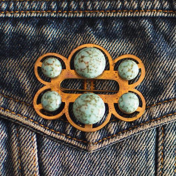 Vintage Turquoise Art Glass Brooch by 1910s - Vintage Meet Modern Vintage Jewelry - Chicago, Illinois - #oldhollywoodglamour #vintagemeetmodern #designervintage #jewelrybox #antiquejewelry #vintagejewelry