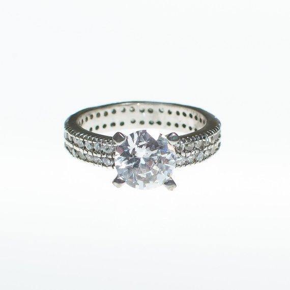 Vintage CZ Round Solitaire Engagement Ring with CZ Band set in Sterling Silver