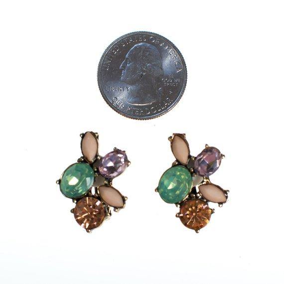 Vintage Mint, Peach, Pink, and Light Purple Rhinestone Cluster Statement Clip On Earrings by Vintage Meet Modern - Vintage Meet Modern Vintage Jewelry - Chicago, Illinois - #oldhollywoodglamour #vintagemeetmodern #designervintage #jewelrybox #antiquejewelry #vintagejewelry