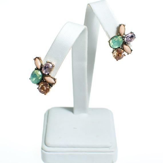 Vintage Mint, Peach, Pink, and Light Purple Rhinestone Cluster Statement Clip On Earrings by Vintage Meet Modern - Vintage Meet Modern Vintage Jewelry - Chicago, Illinois - #oldhollywoodglamour #vintagemeetmodern #designervintage #jewelrybox #antiquejewelry #vintagejewelry