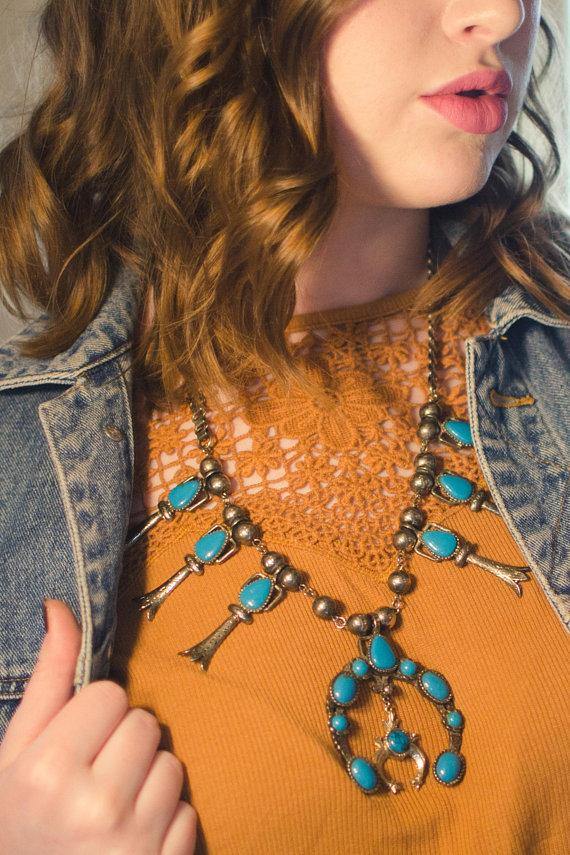 Vintage ART Mode Squash Turquoise Squash Blossom Necklace by ART Mode - Vintage Meet Modern Vintage Jewelry - Chicago, Illinois - #oldhollywoodglamour #vintagemeetmodern #designervintage #jewelrybox #antiquejewelry #vintagejewelry