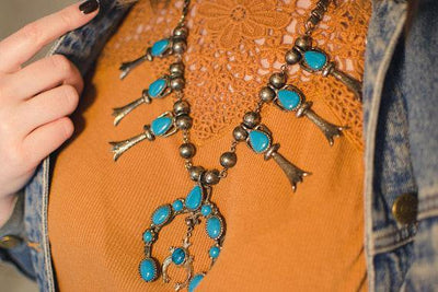 Vintage ART Mode Squash Turquoise Squash Blossom Necklace by ART Mode - Vintage Meet Modern Vintage Jewelry - Chicago, Illinois - #oldhollywoodglamour #vintagemeetmodern #designervintage #jewelrybox #antiquejewelry #vintagejewelry