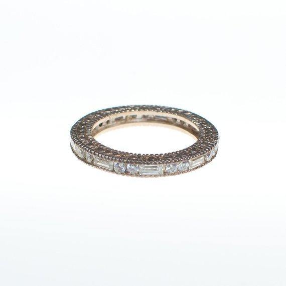 Vintage Art Deco Inspired Sterling Silver Cubic Zirconia Eternity Band Ring with Baguette and Round Cut Stones